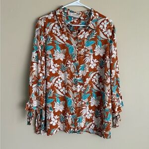 Susan Graver floral button-up blouse 3/4 sleeves size Large